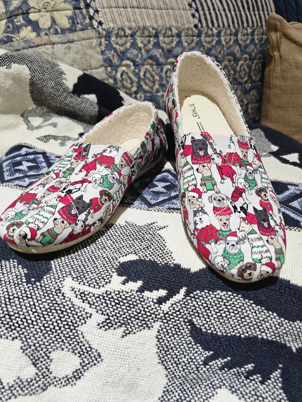 Toms Women’s Holiday Dog Print Slip-Ons - Red, Green, White